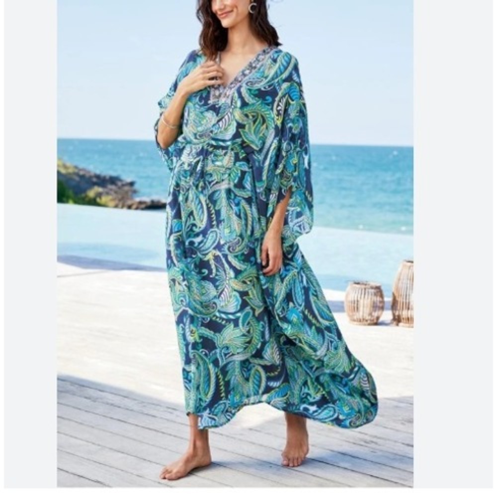NEW Soft Surroundings Paisley Embellished Kaftan Maxi Dress Beachy Resort PL/PXL